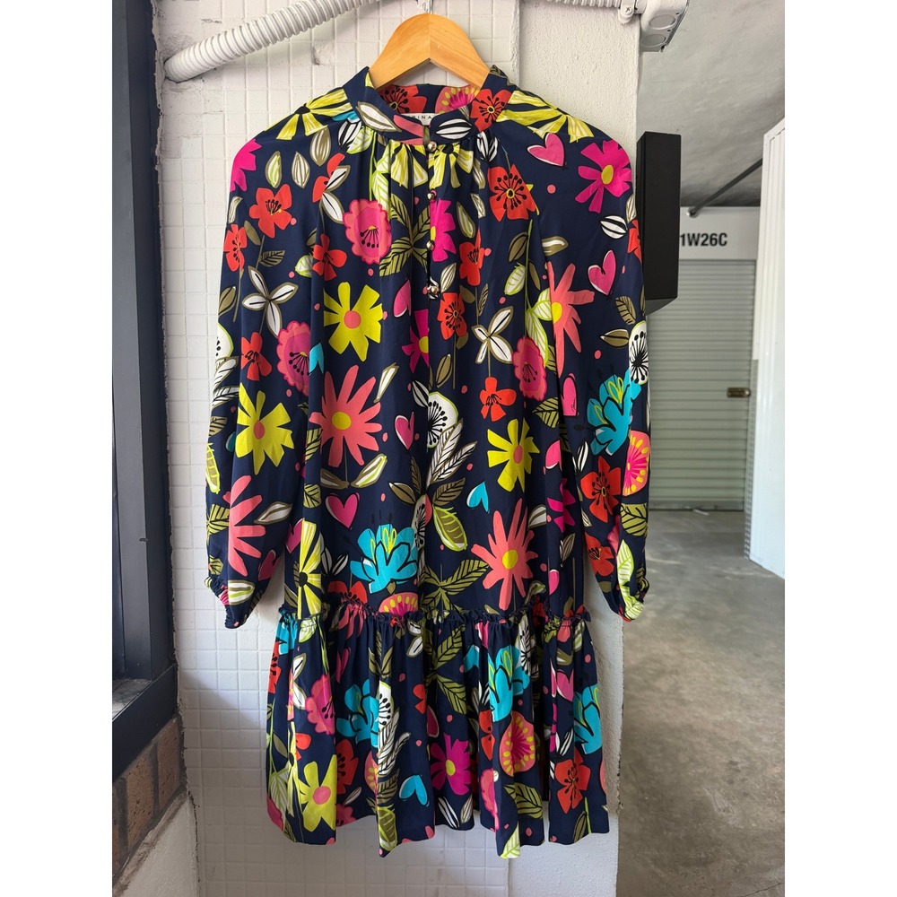 Trina Turk XS Silk Mini Dress Floral Navy Blue Mock Neck Long Sleeve Ruffle Hem - Picture 2 of 9